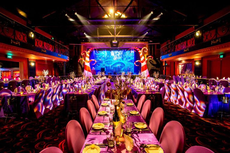 Gala dinner table settings at a Brisbane theatre venue